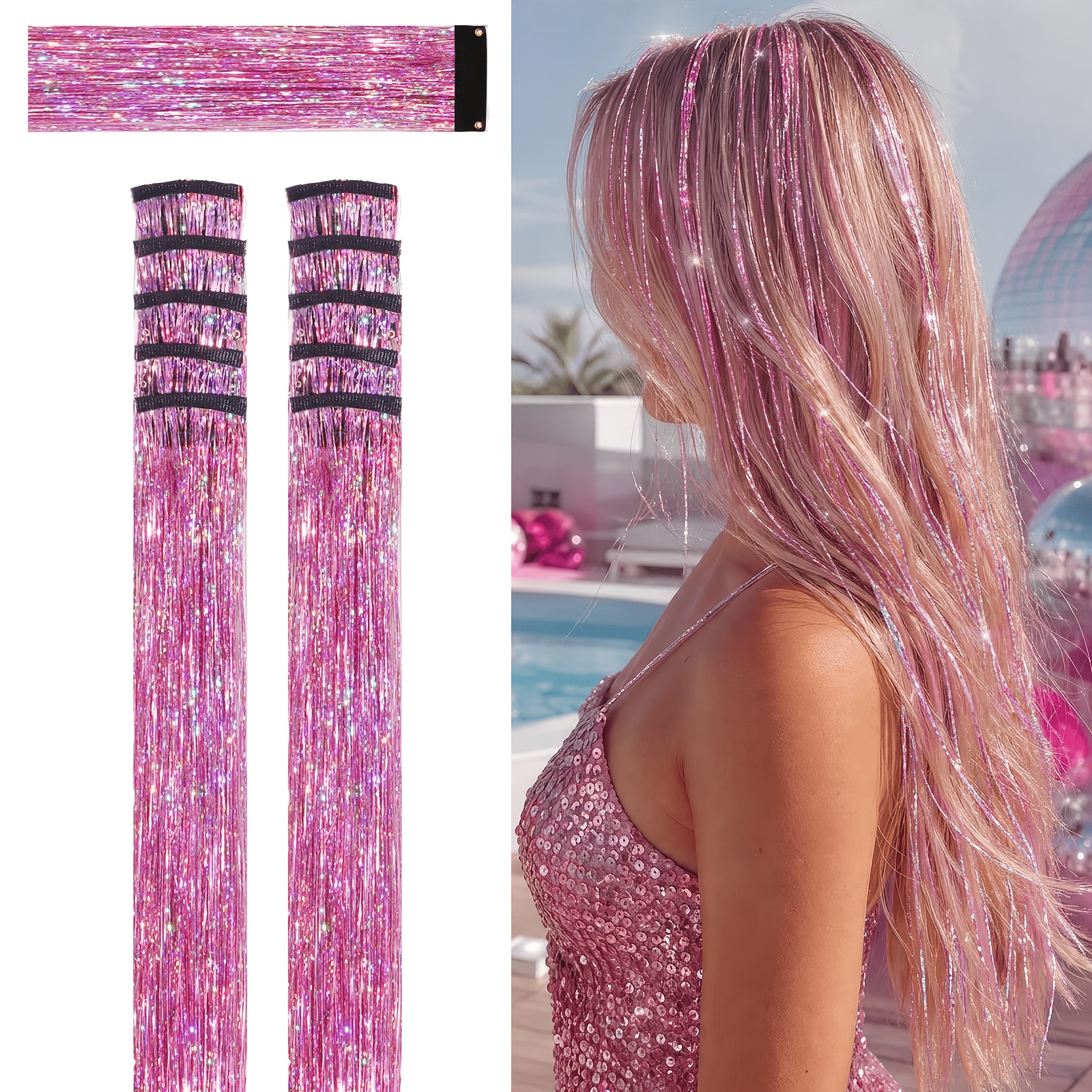 TEMU 10pcs Pink Hair Tinsel Clip In, Hair Additions 24 Inch 80 Strands Bobby Pin Tinsel Hair Extensions Suitable For Daily Use At Women's Parties For