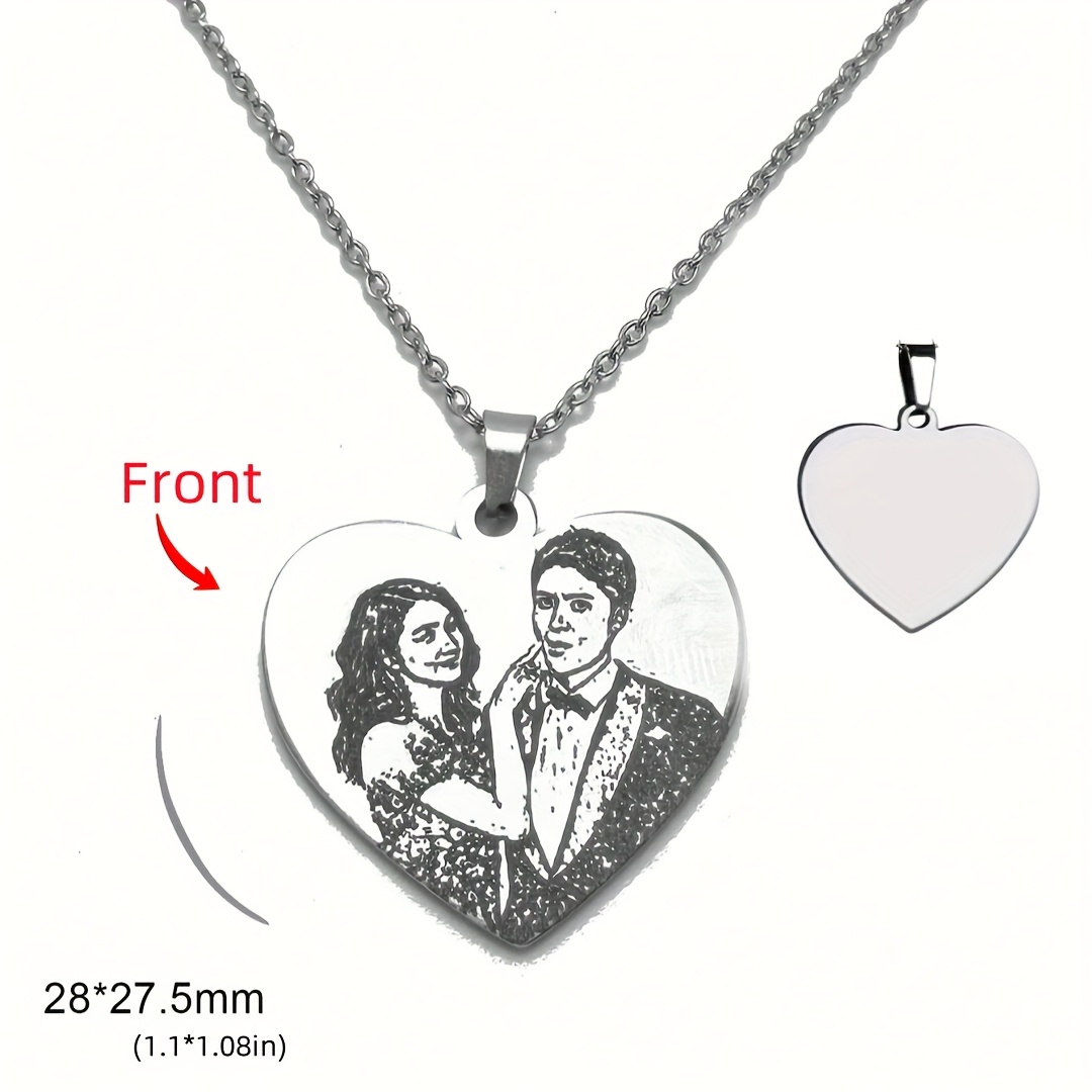 TEMU [customized] 1pc Fashion Personalized Custom Photo Heart Pendant Necklace 304 304 Stainless Steel Double-sided Marking Custom Name Necklace Easy