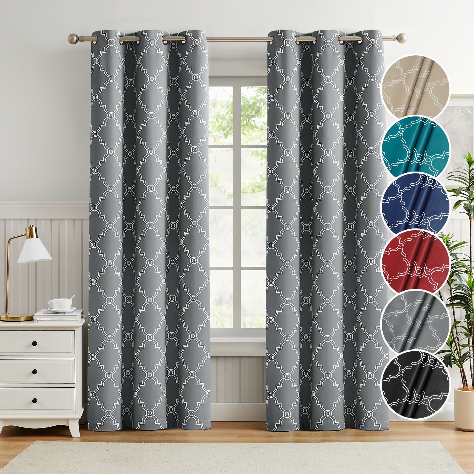 

2pcs 100% Blackout Moroccan Curtains Ring Top Thermal Insulated Curtains With Black Lining, Full Room Darkening Noise Reducing Grommet Curtain For Bedroom, Dining Rooms