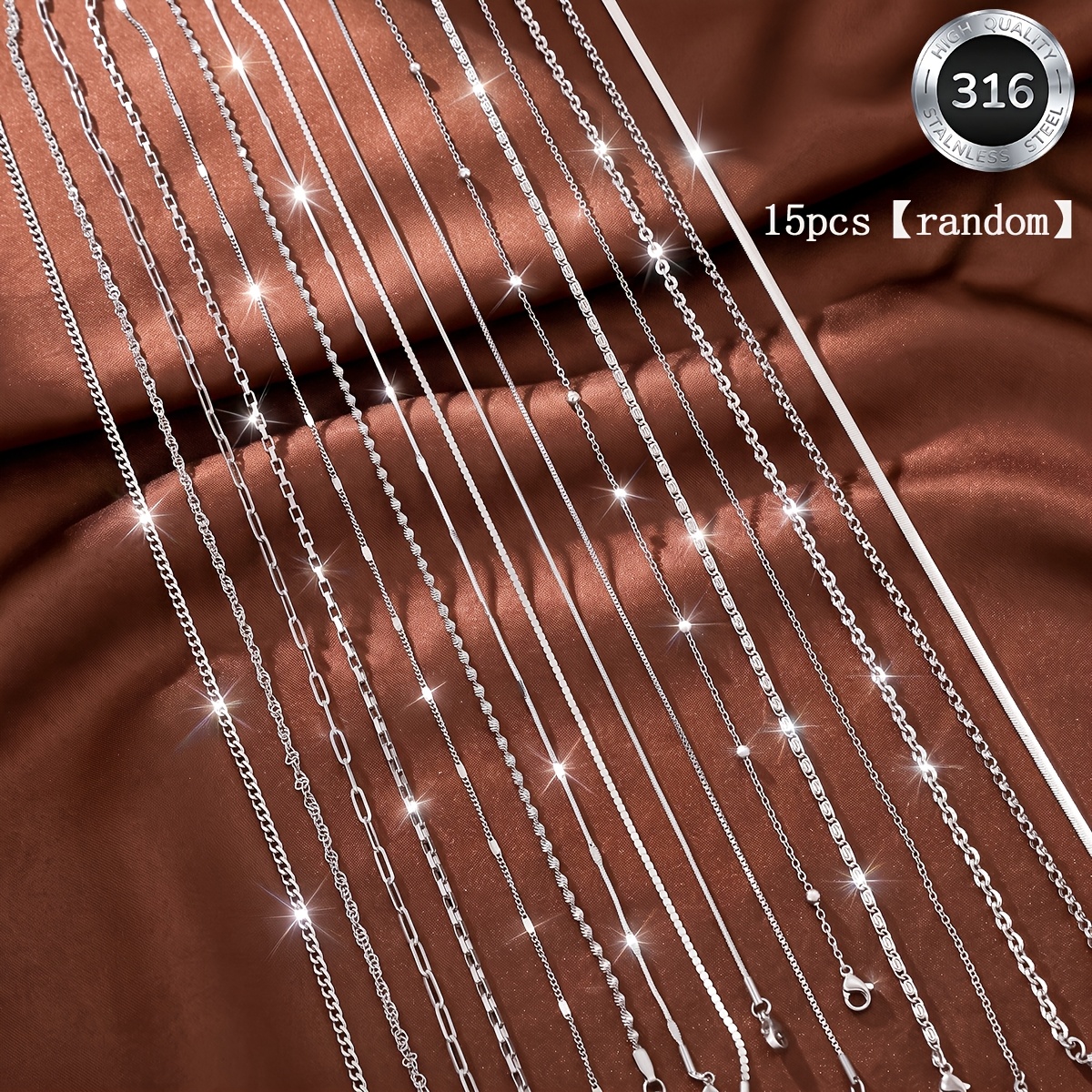 TEMU Set da 15 pezzi di collane in acciaio inossidabile qualit�, stili assortiti casualmente, lunghezza catena 45+5 cm/17,7+1,96 pollici. versatile a