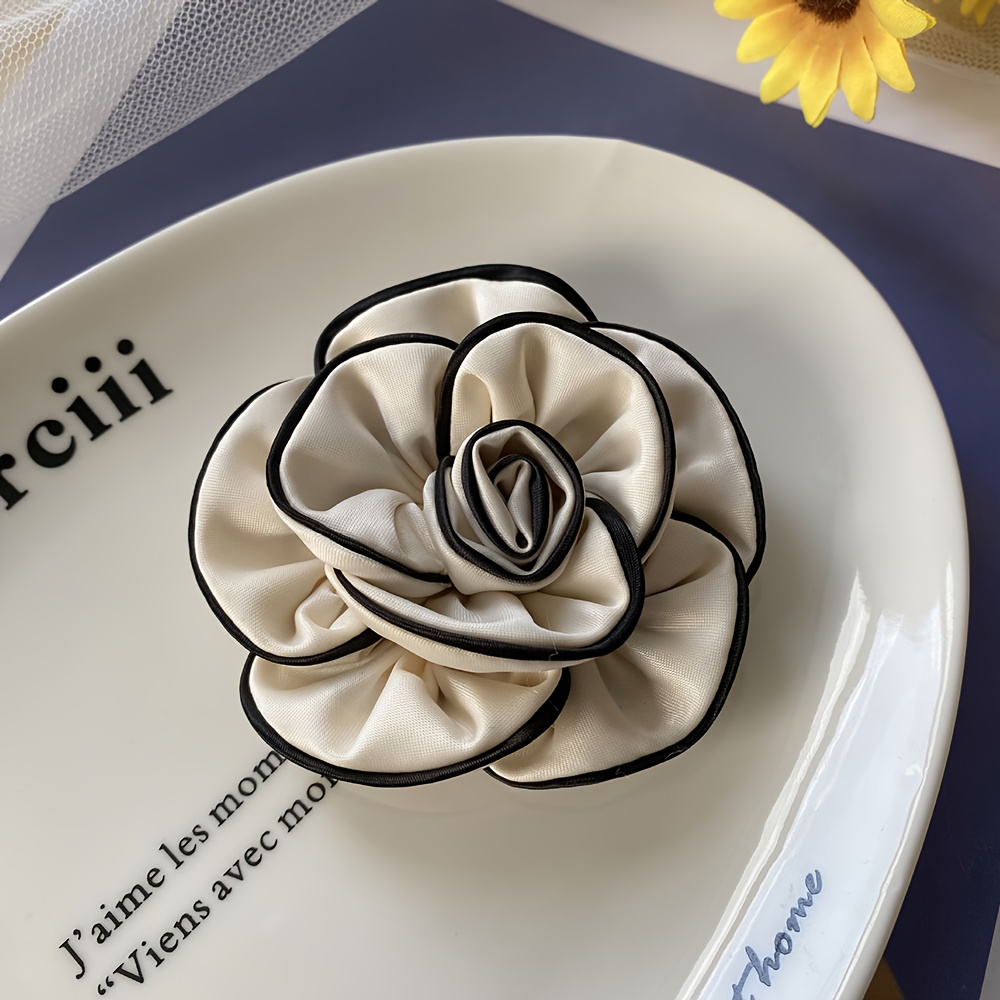 TEMU 1pc Black Beige Camellia Flower Decor Patch Cloth Clothing Headwear Hairband Additions 8.2cm
