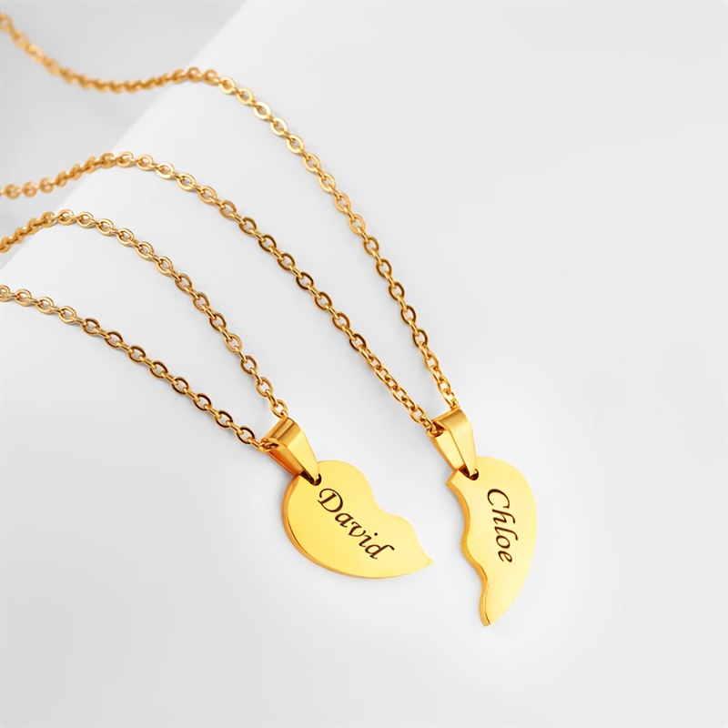 TEMU Personalized Split Heart Necklace - Engravable Interlocking Hearts Pendant, Name & Date/message, Matching For Couples & Mother-daughter, Elegant