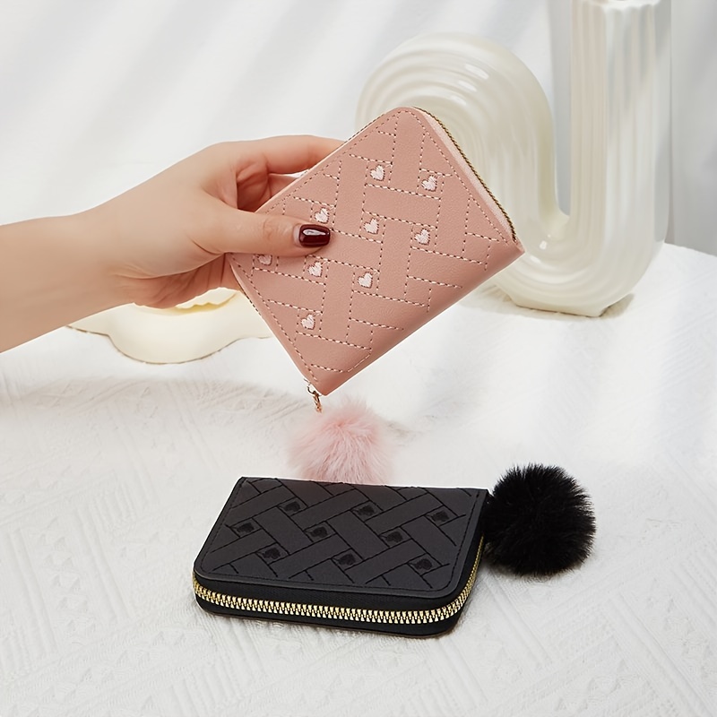 

Classic Small Shirt Clutch Wallet With Pom Pom Decor, Trendy Women's Credit Card Holder For Daily Use