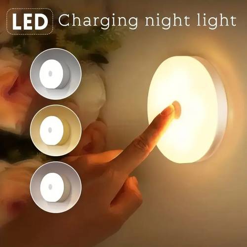 usb rechargeable led round light button night light 3 color dimmable portable bedside lamp suitable for kitchen bedside wardrobe hallway reading and stage lighting