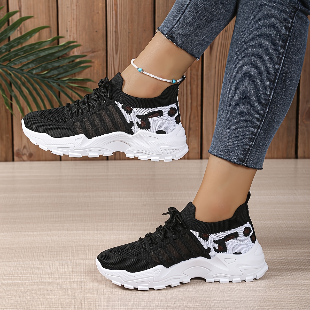 Image of Women's Leopard Print Sneakers- Breathable Mesh Knit, Eye- Catching Color Combinations, Lightweight And Supportive White Sole, Great For Fashion- Ladies , Women Shoes