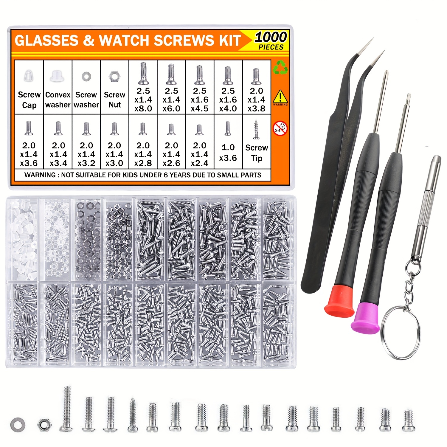 Image of 1000pcs Bovilevr Repair Kit With Stainless Steel Screws, Tweezers, Screwdrivers & Nuts Suitable For Eyeglass, , Repairs - Precision For Opticians, Jewelers, Diy ( Repair Suite)
