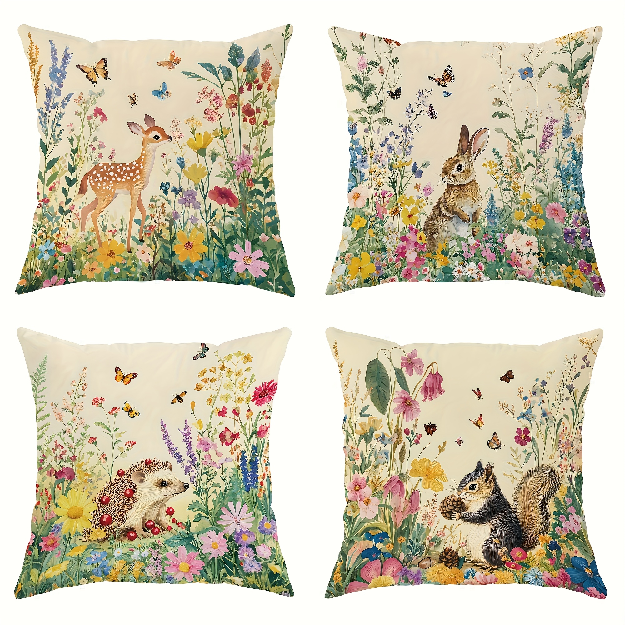 TEMU 4pcs Set Beige Green Brown Spring Deer Rabbit Animal Floral Pillowcases, Back Cushion Covers, Decorative Pillow Slipcovers, Zipper Closure, 100%