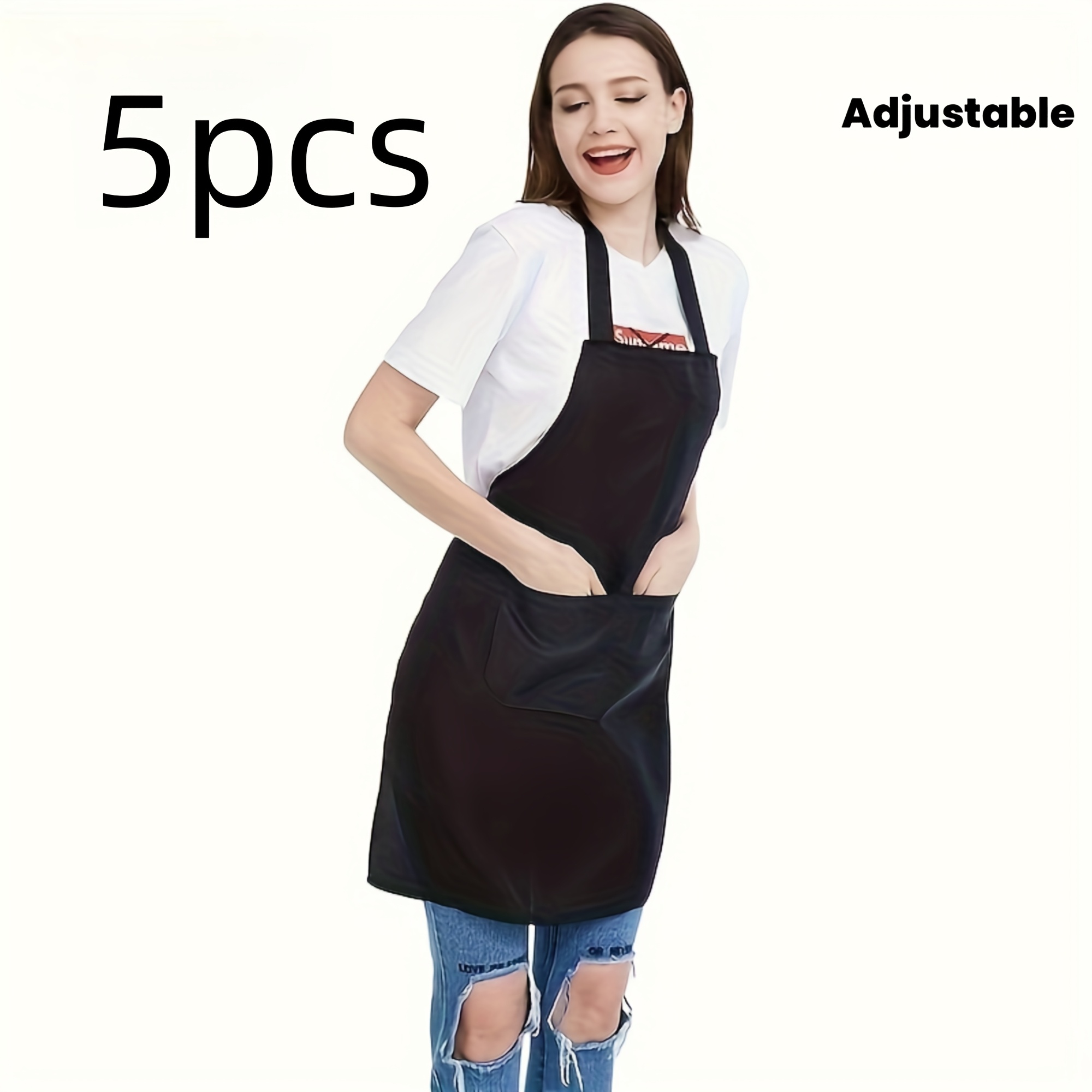 TEMU 5pcs Professional Kitchen Aprons With Large Pockets, Adjustable Neck& Waist Ties, Easy-clean Polyester For Cooking Grilling Catering
