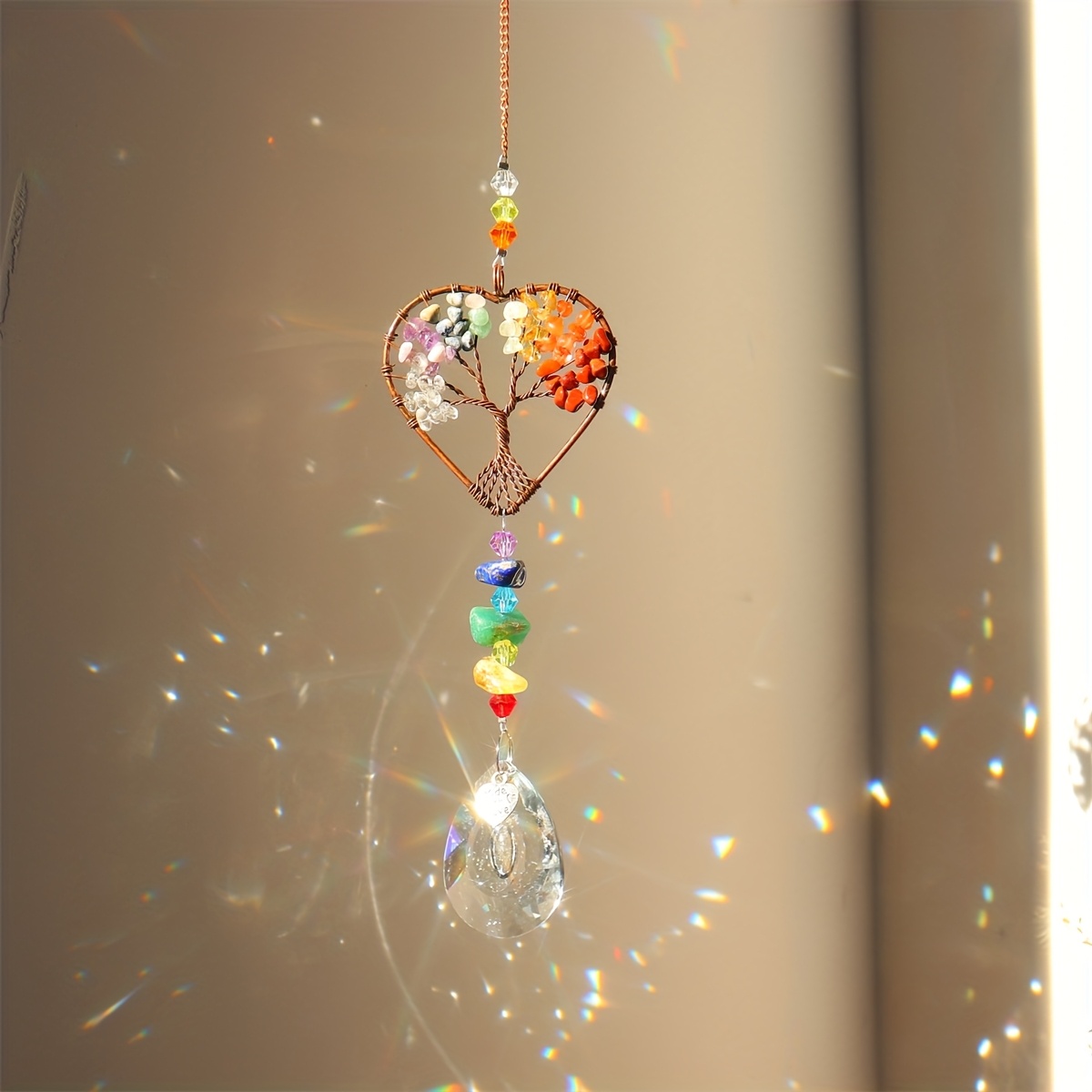 1/3pcs Chakras Multicolor Tree Of Life Heart Sun Catcher, Natural Amethyst, Rose Quartz, Olive Green Sun Catcher, Exquisite Pendant