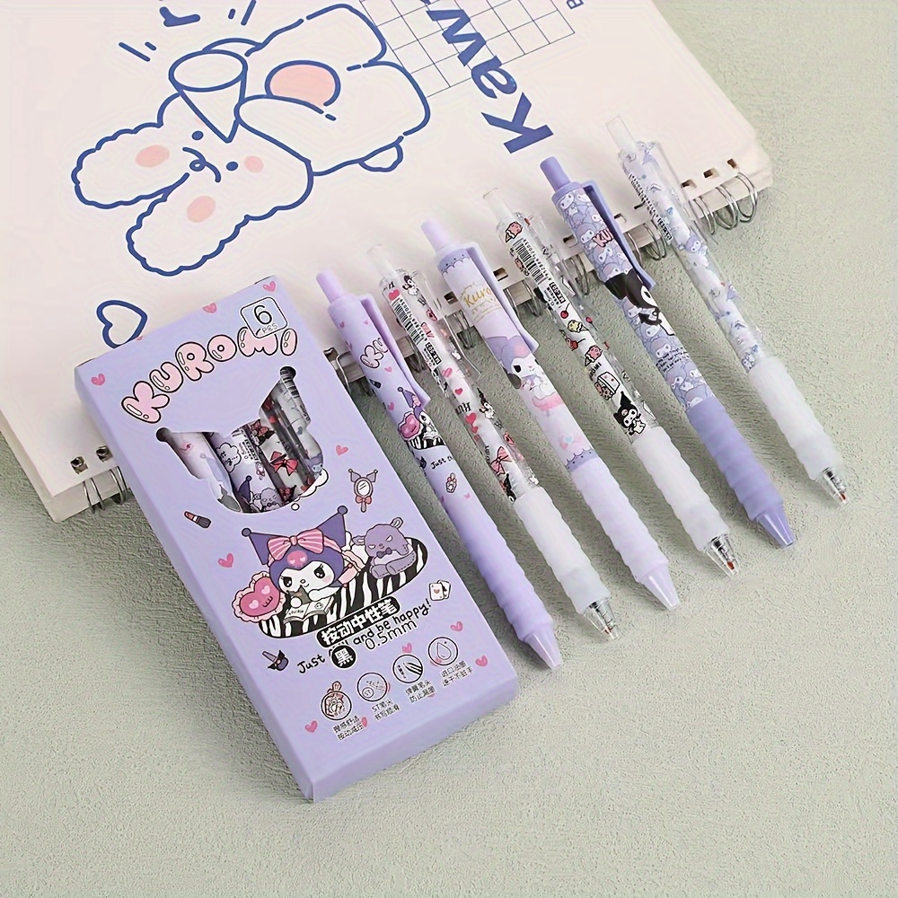 

6pcs, 6pcs Sanrio Kuromi Cartoon Cute Quick-drying Press Pen Ins Neutral Black Pen St0.5mm Brush Pen, Sanrio