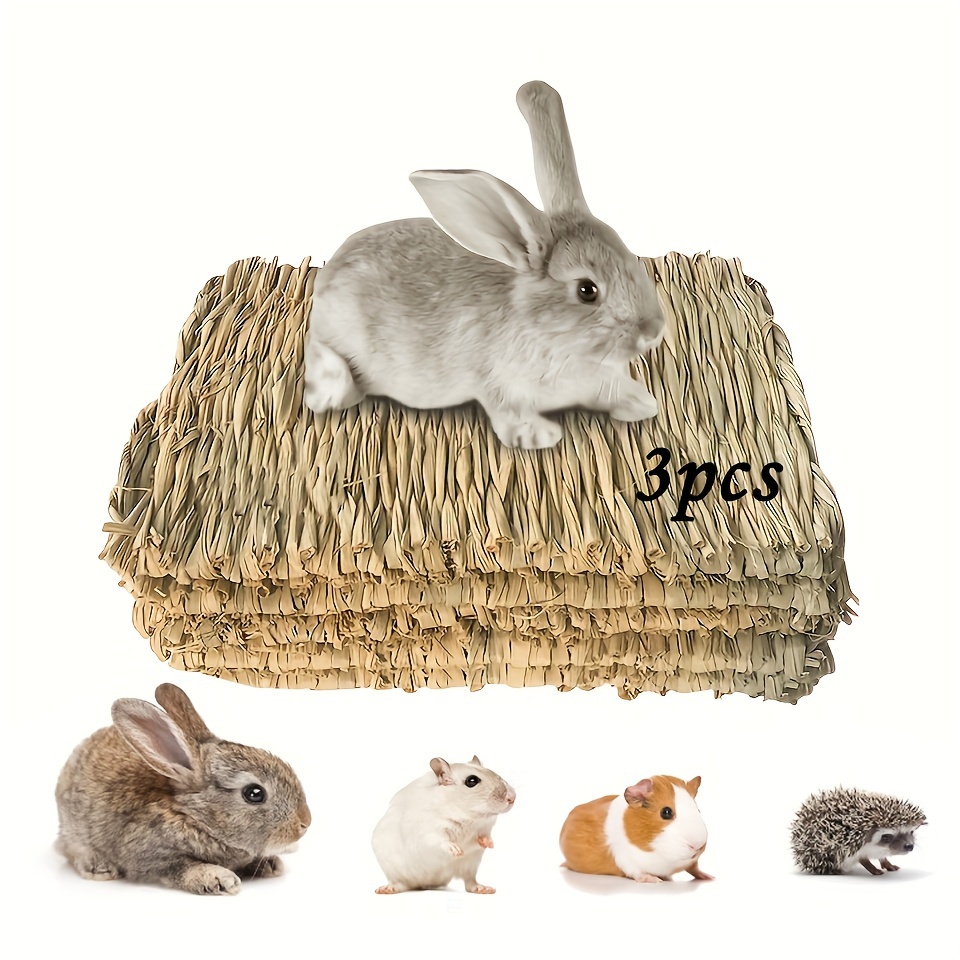 

3pcs Natural Straw Woven Rabbit Grass Mat For Small Animal Cages - Comfy Bedding For Bunny Hay Nest And Sleeping Mat