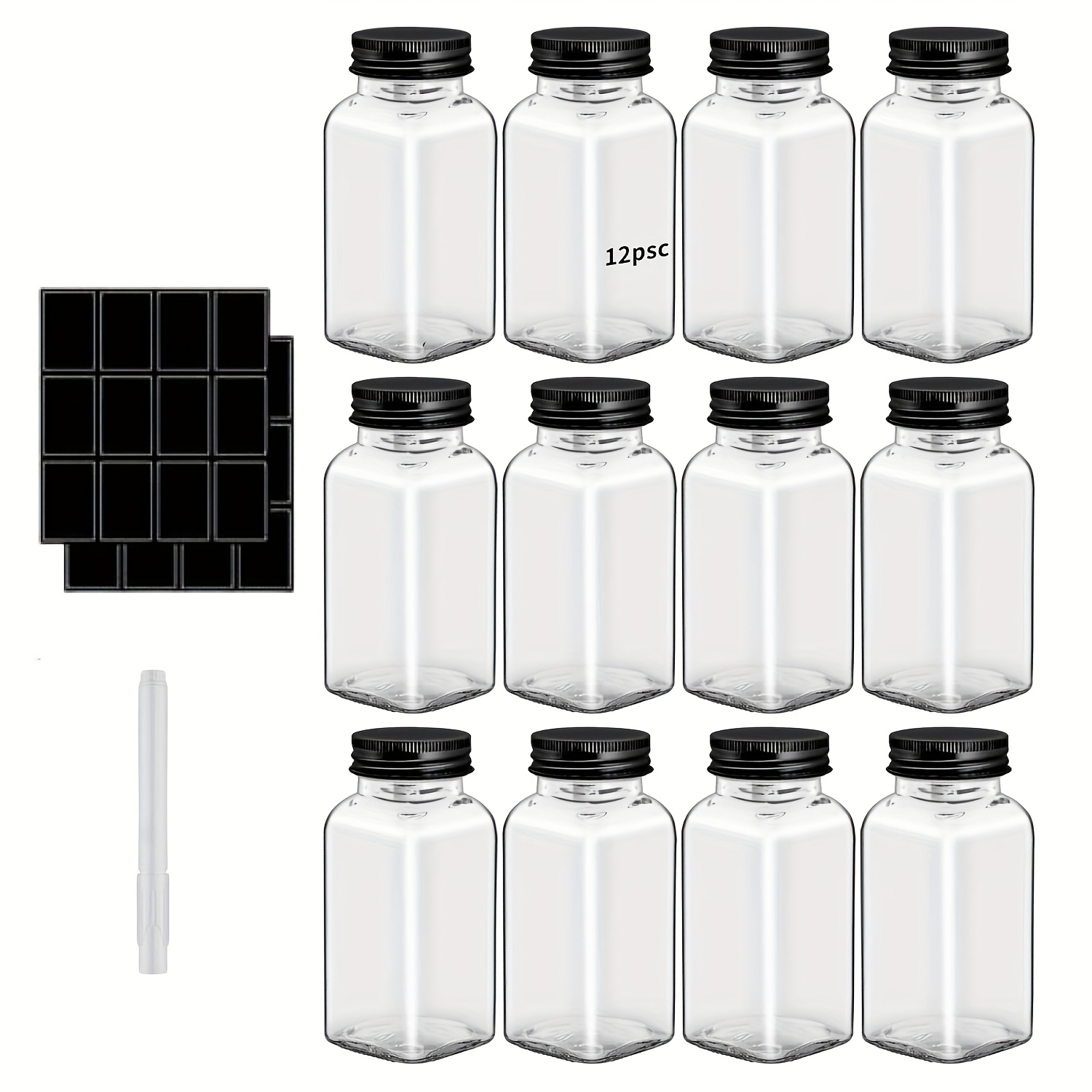 Image of 6pcs/12pcs Plastic Seasoning Jar With Pen And Label Paper, With Metal Black Lid, 5.6 Oz (approximately 160 G) Seasoning Container, Transparent Seasoning Container Bottle Kitchen Storage Bottle