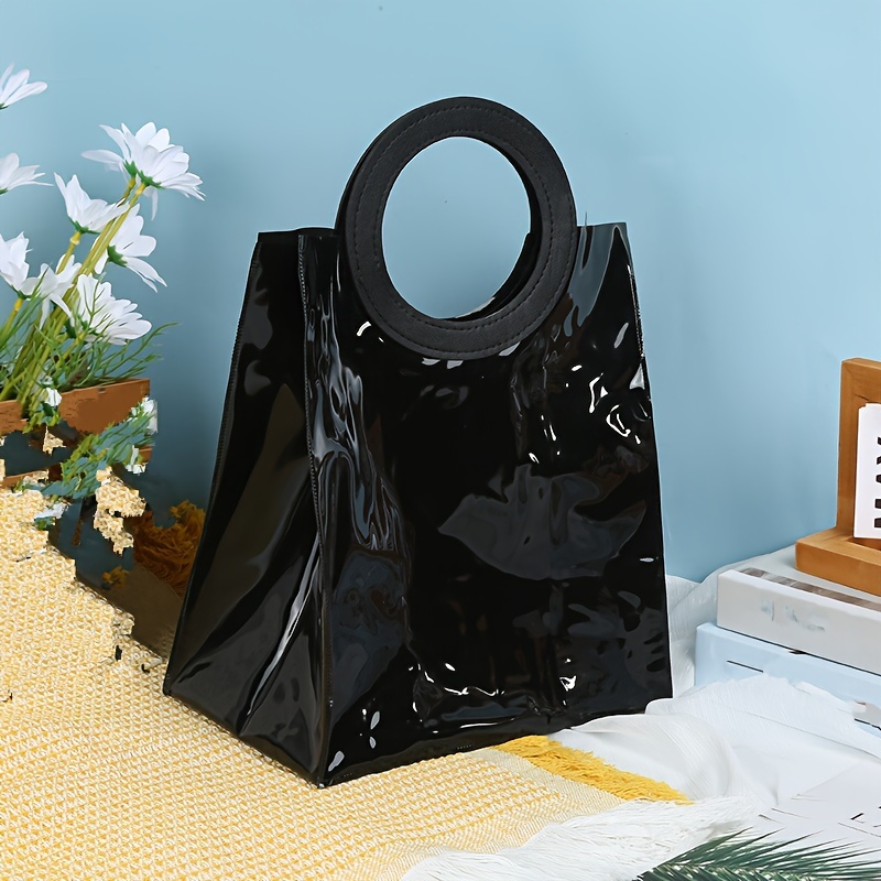 TEMU 1pc, Black Pvc Tote Bags With Handles, Reflective Gift Bags, Shiny Party Favor Bags For Shopping, Candy & Presents