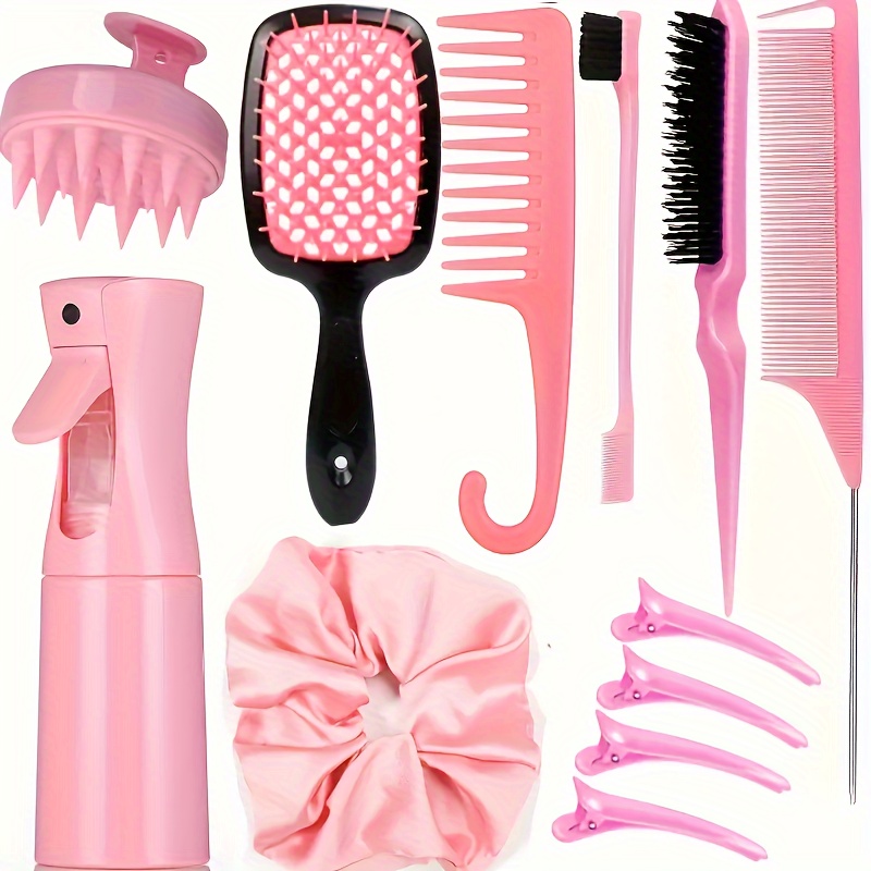 12pcs hair styling accessories kit hollow out hair massage comb pin tail fine tooth comb large hair loops hair side clips water spray bottle hair washing brush pink 0