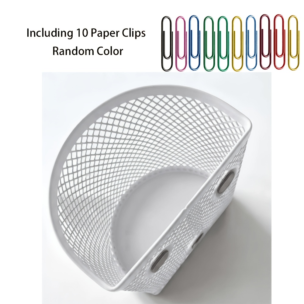TEMU Magnetic Mesh Pen Holder, Metal Desk Pencil Cup Organizer With 10pcs Colorful Paper Clips, Wall Mount Office Supplies Storage For Desk Cabinet
