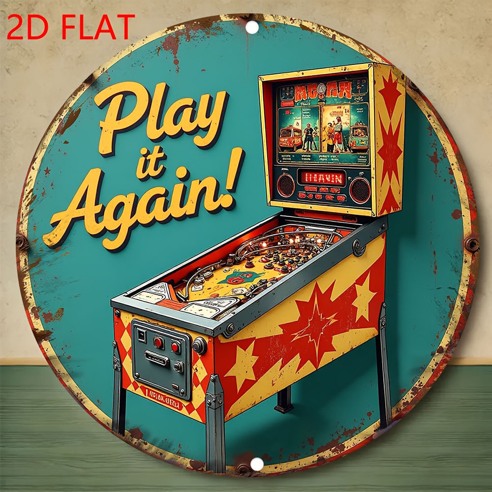 TEMU Panneau Métal Plat 2D, - Décoration de Pièce Vintage "Machine à Pinball" Rond, Idéal pour Bars et Cafés, Peinture Murale, Décoration Intérieure,