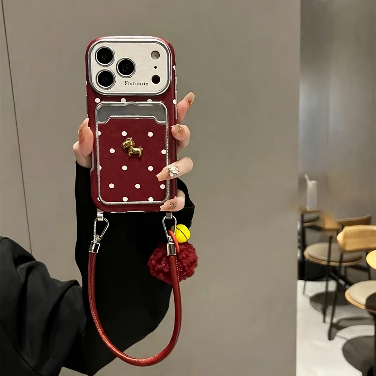 TEMU Phone Case: -feeling Creative White Polka Dot Pattern Phone Case Featuring A Card Holder, Pony Charm, And Lanyard Design. This Protective Cover