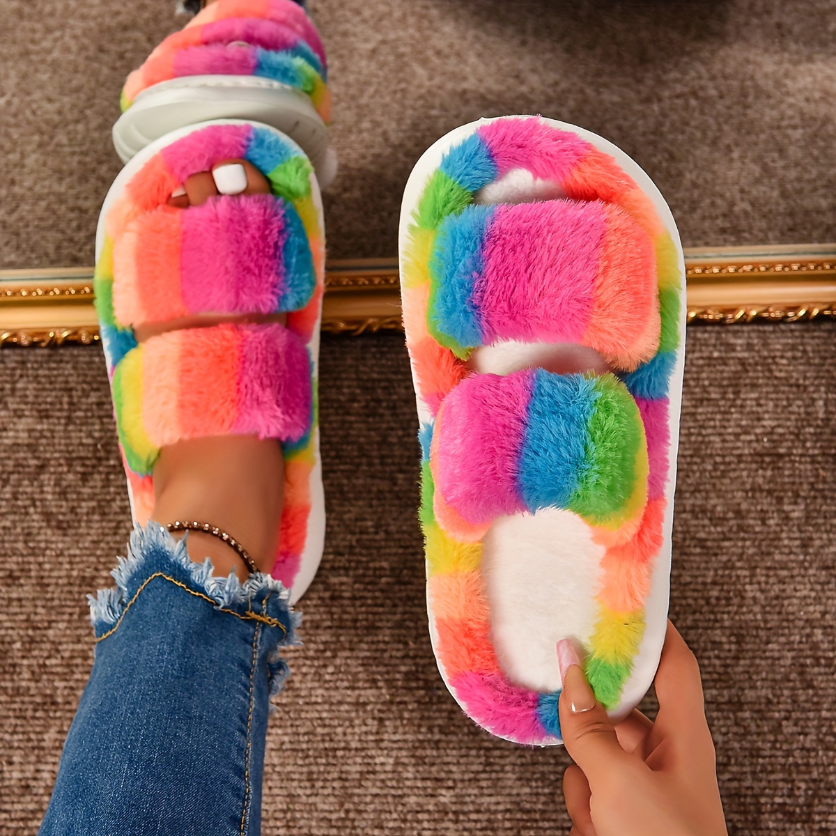 Image of New Colorful Fluffy Slippers For Women With Thick Non-slip Soles, Perfect For Christmas And Wear., Women Shoes