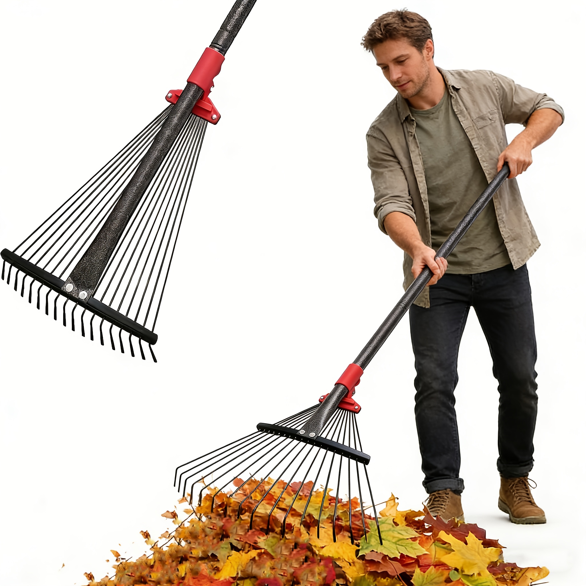 Image of Heavy-duty Adjustable Garden Rake - 15 Clog-resistant , Foldable Head, 6-foot Handle For Quick Clearing Of Lawns And Yard . Your Handy Helper For Fast Clearing And Tidying Up Yard Lawns.