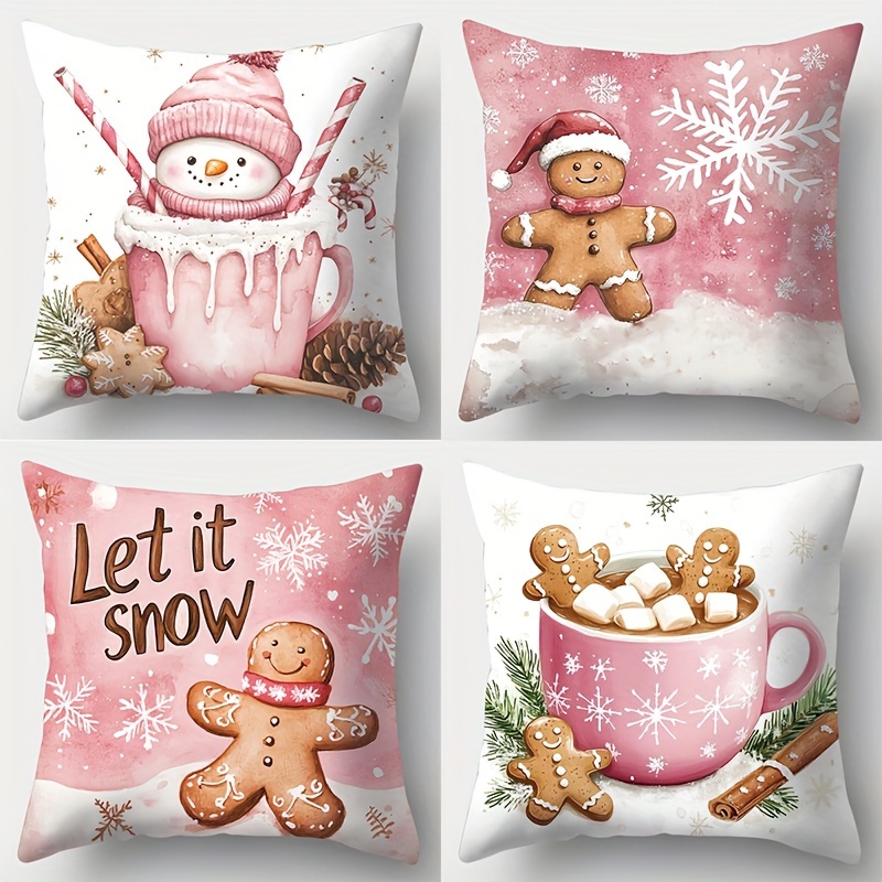 

Contemporary 4-piece Throw Cushion Covers Set With Christmas Snowman And Gingerbread Man Patterns, Soft Polyester Fabric, Zippered Room - Hand Washable Decorative Case Pack