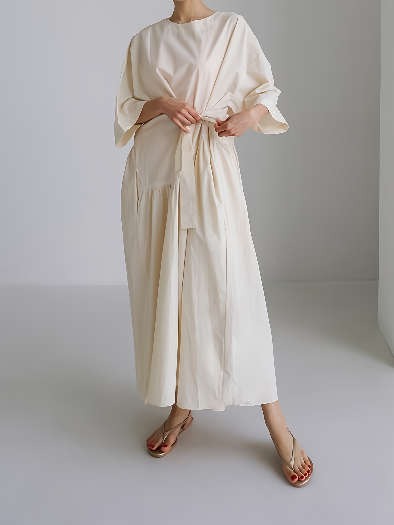 item picture new arrival solid color long dress   sleeve loose elegant dress   in apricot and navy waist tie hidden back zipper pockets soft and comfortable fabric easy to wash and care machine washable suitable for spring summer  
