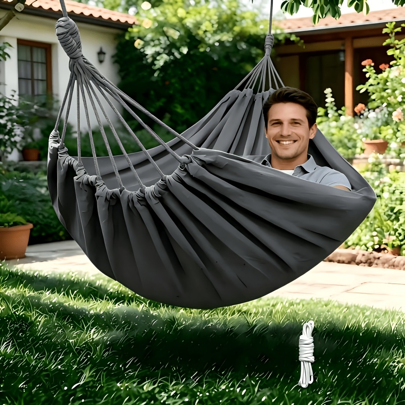 1pc Patio/Outdoor Hammock with Support Pole, Sturdy Dark Gray Fabric Hammock with Anti-Tip Design, Durable with Tie-Down Ropes - Ideal for Relaxing in the Patio, Outdoors, Indoors, and Camping, for Outdoor Hammock Use