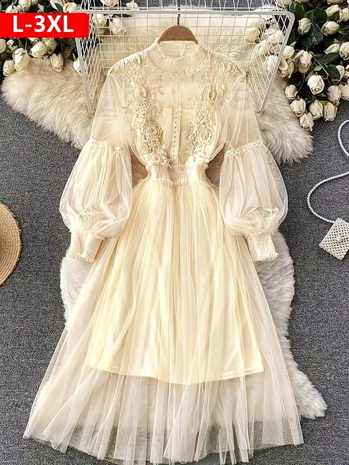 plus size dresses women's fashion three-dimensional flower collage sheer mesh balloon sleeve long dress light sense women's chiffon lace shirt suspender base shirt, luxury gift for women - women' clothing - Temu plus size dresses women's fashion three-dimensional flower collage sheer mesh balloon sleeve long dress light sense women's chiffon lace shirt suspender base shirt, luxury gift for women - women' clothing - Temu