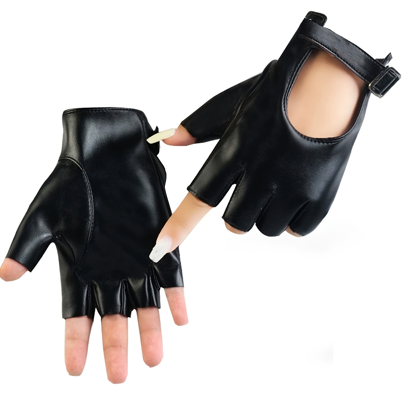 Women's Black Metal Adjustable Width Half-finger Motorcycle Casual Gloves