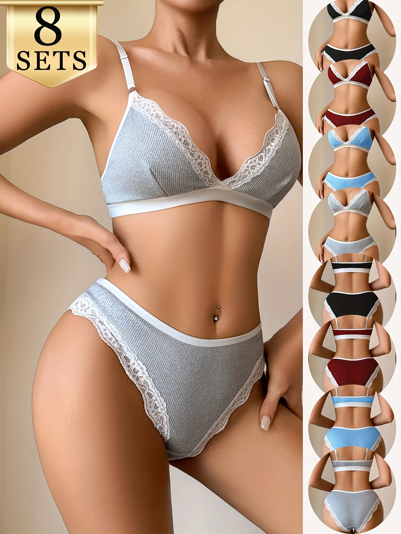 16-delige Sexy Deep-V Elegante Kanten Dames BH Set Verstelbare Bandjes, Zacht en Comfortabel, Ademend Lichtgewicht Materiaal BH en Slips in Effen Kleuren, Huidvriendelijk en Nauwsluitend Perfect voor Casual Dagelijks Gebruik