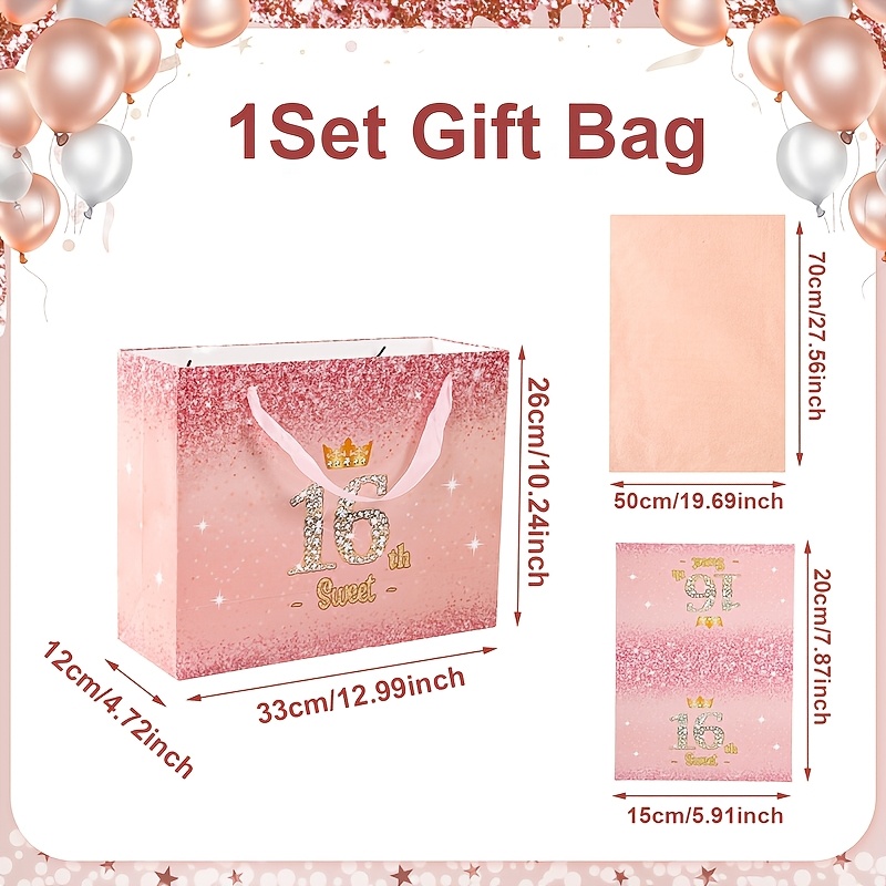 Image of 1set, Sweet 16th Birthday Tote Gift Bag, Rose Happy 16th Birthday Paper Handbags Tote Bag Gift Bag With Ribbon Handles And Greeting Card, Perfect 16th Birthday Gift Packaging Tote Gift Bag Decoration