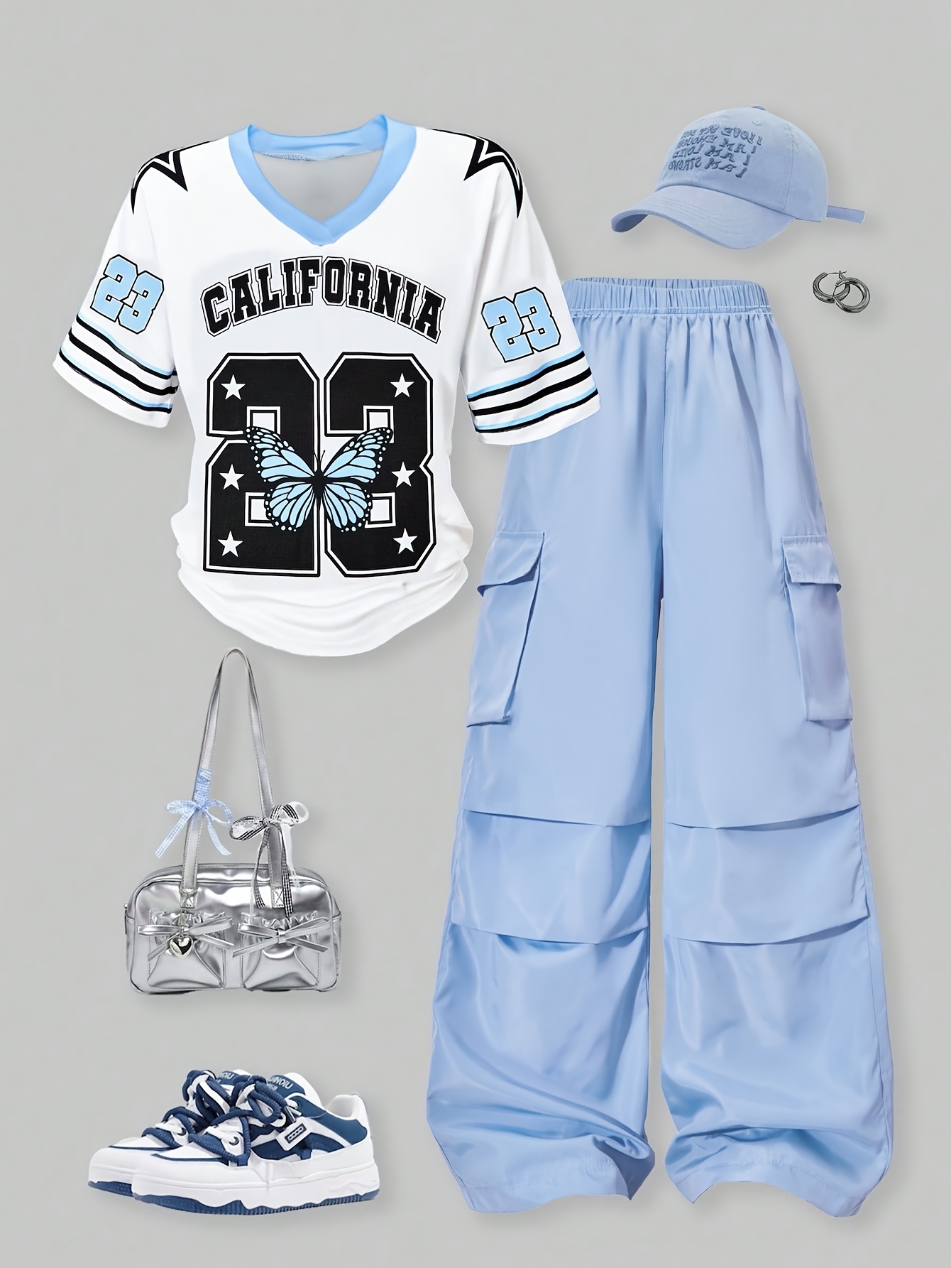 girls   sporty 2pcs set white and blue contrast v neck short sleeve top with letter print   with light blue multi pocket cargo wide leg pants the loose fitting top and pants feature a casual cut for   and ease  