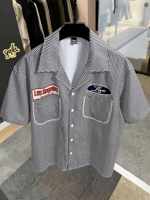 mens oversized shirt with black and white stripe and badge patch streetwear casual short sleeve top