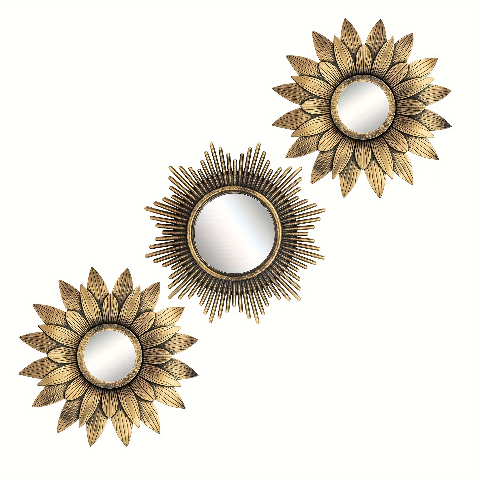 

3pcs/set, Wall Mirrors Decor Plastic Antique Gold Small Mirrors Home Decoration With Wall Mount Hook Offered Vintage Sunburst Flower Decorative For Living Room Bedroom Dinning Room 10 Inch 25cm