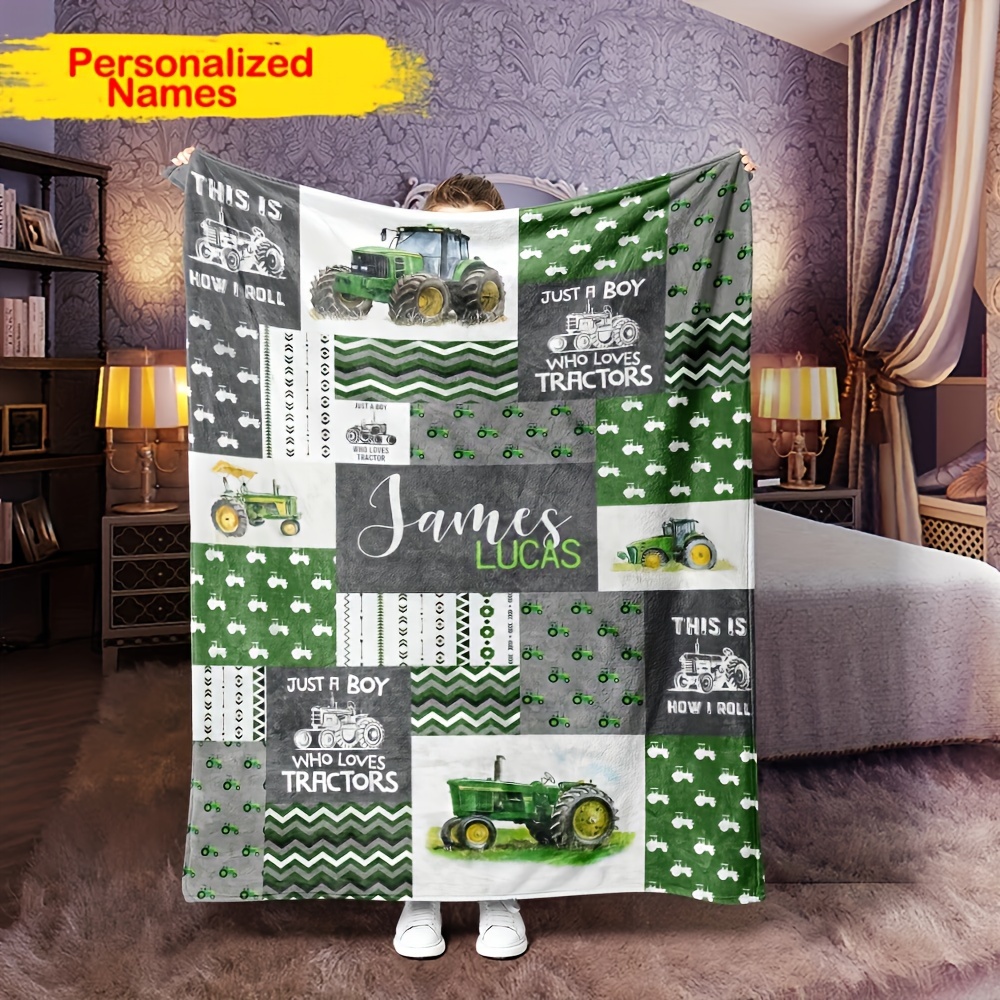 

1pc Customizable Tractor Theme Throw Blanket, Personalized Name Flannel Fleece, Contemporary Style, , Tear & Stain Resistant, Multipurpose, With Soft Cozy Bedding For Family, Friends, And Colleagues