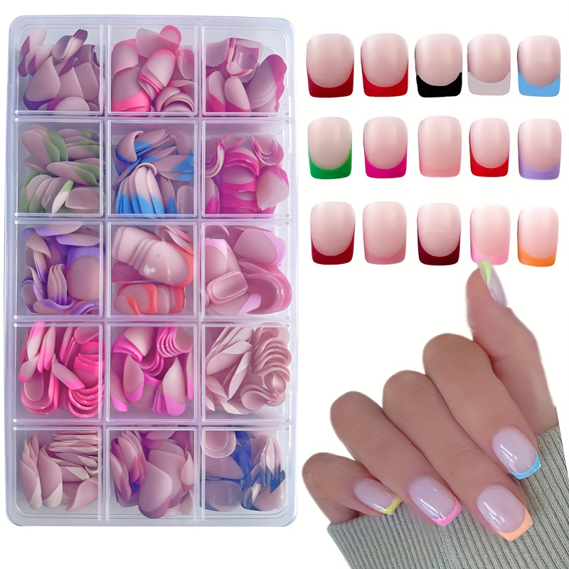 Image of 450pcs Short Square Press-on Nails, 15 Colors Short French Fake Nails, 15 Size Options, Full Cover Artificial Nails - Easy Application For Daily Wear, Work, Parties