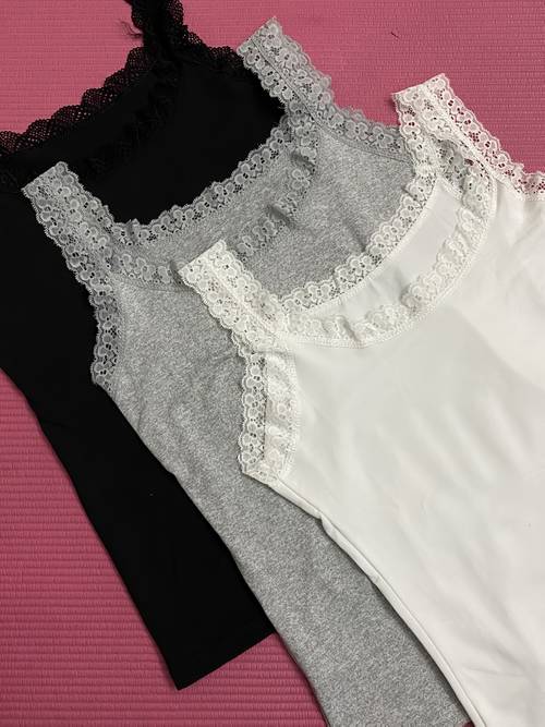 set of 3 lace trimmed round neck stretchy vests easy solid colors and summer styles mature and casual and fashionable color blocking tops comfortable for layering or wearing alone a wardrobe essential suitable for