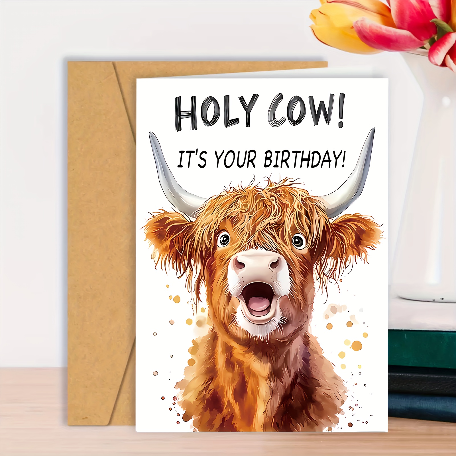TEMU Envelope With " Cow! Your Birthday!" Animal Print Design, Fun And Humorous Highland Cow Birthday Card, Perfect Gift For Families. Suitable For ,