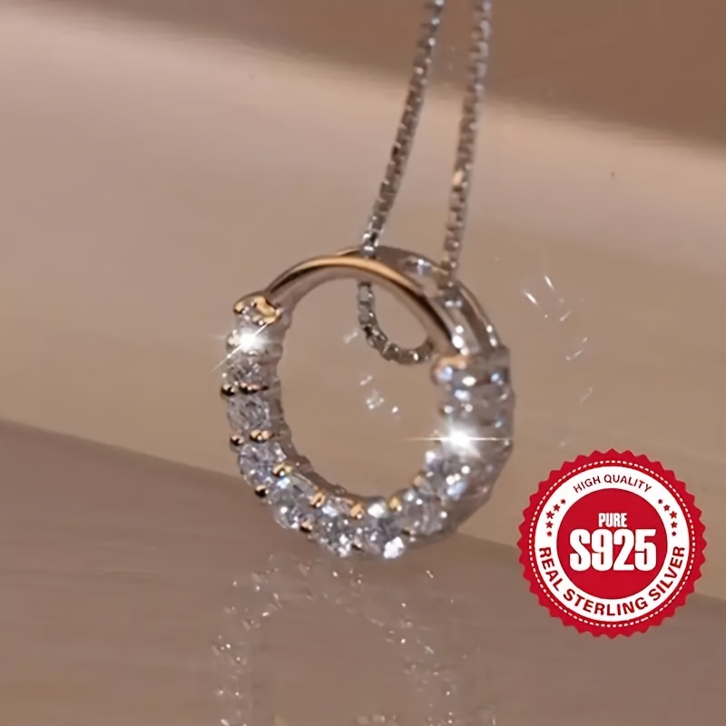 

O-shaped 925 Sterling Silver Sparkling Pendant Necklace Set With Artificial Diamonds, Luxurious Style, Hypoallergenic, Suitable For Daily Wear, Women's Jewelry Gift