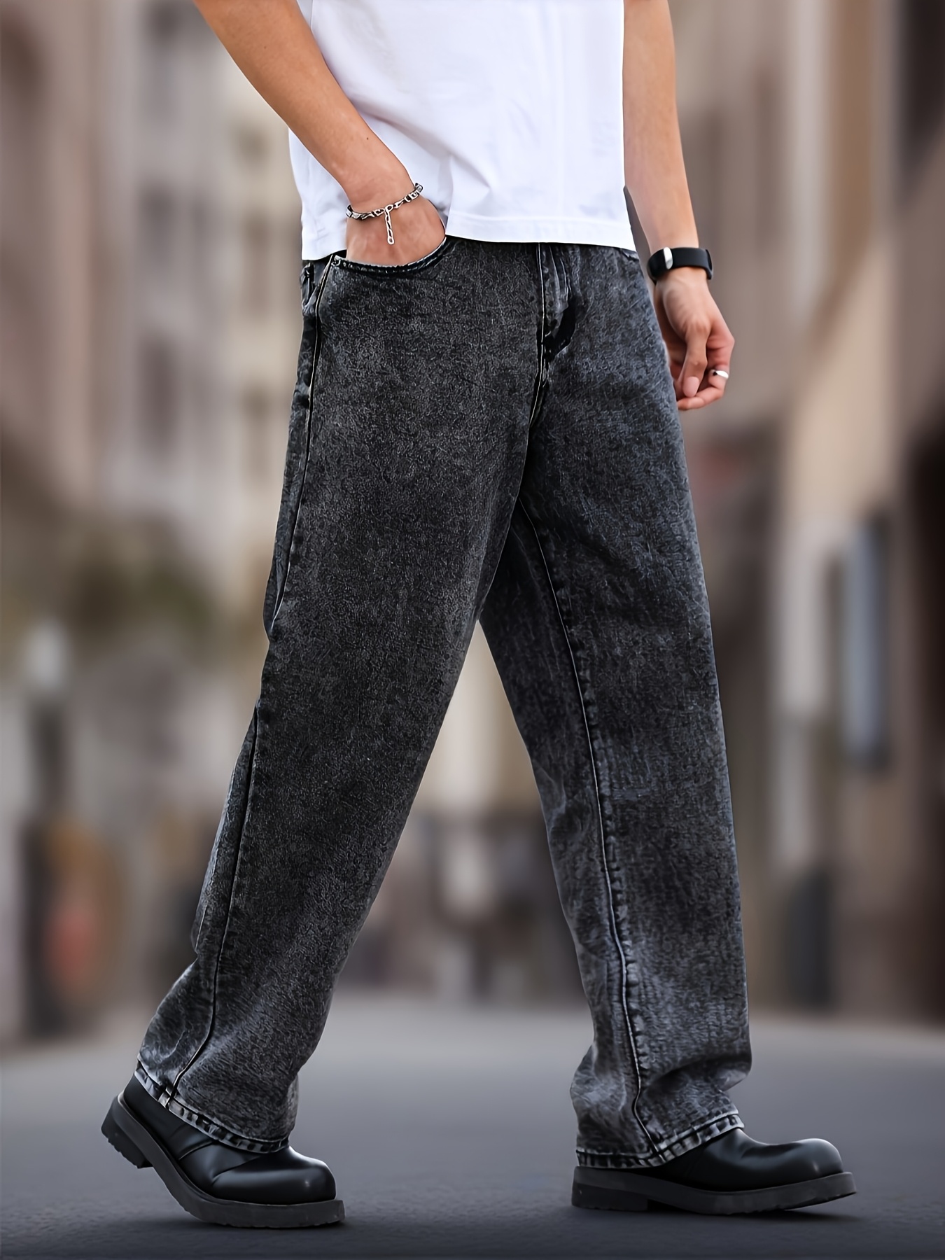 grey jeans men baggy sold on Temu Canada