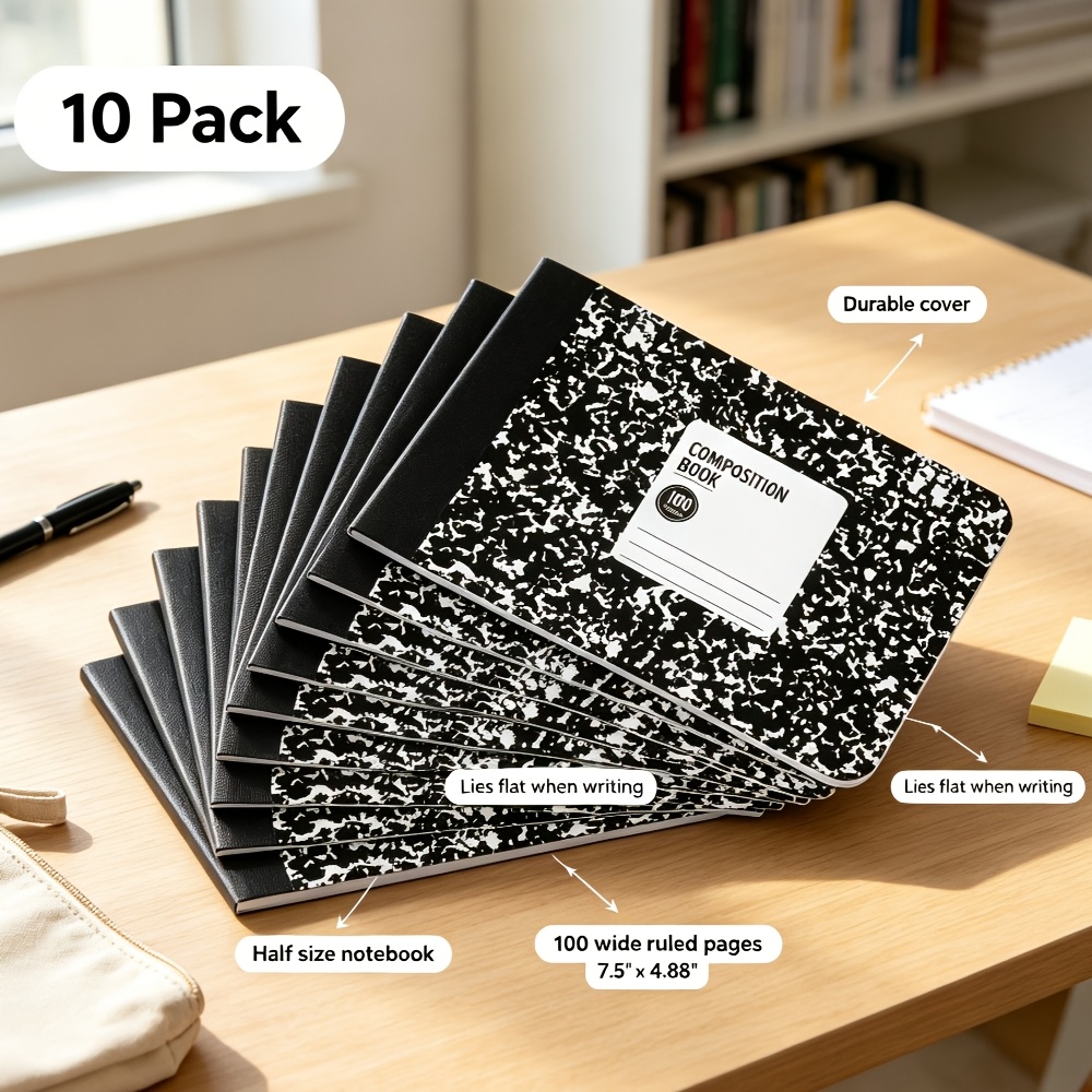 TEMU Back To School Essential: 10-pack Half-size Composition Notebooks, 7.5x4.88 Inches Wide Ruled For Students