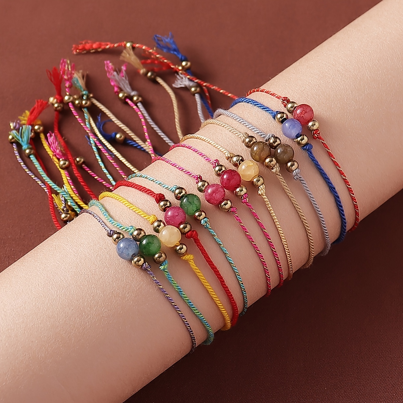 12pcs Boho Colorful Beaded Natural Stone Drawstring Bracelet Set