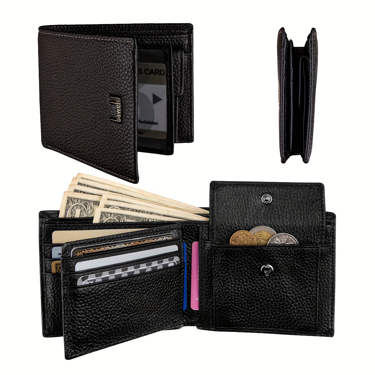 

1pc Leather Wallet With Frid , Credit Card Bag, Top Cowhide Men' Clip Zipper Coin Purse