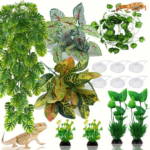 14pcs artificial reptile plants terrarium decorations lifelike hanging leaves for bearded dragons lizards snakes geckos durable plastic tank accessories for habitat