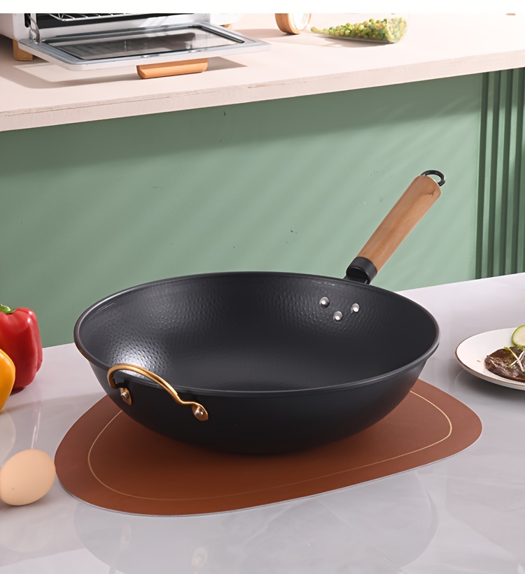 1pc traditional wok pan 13 77inch with wooden handle non   bottom versatile   pan compatible with induction gas stove details 9