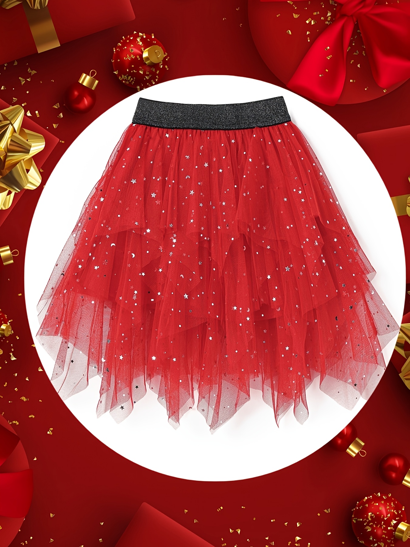 Girls' Sparkling Red Glitter Christmas Party Dress with Layered Skirt  Asymmetrical Hem Shiny Tulle Glittery Skirt for Ballet, Nutcracker, New 