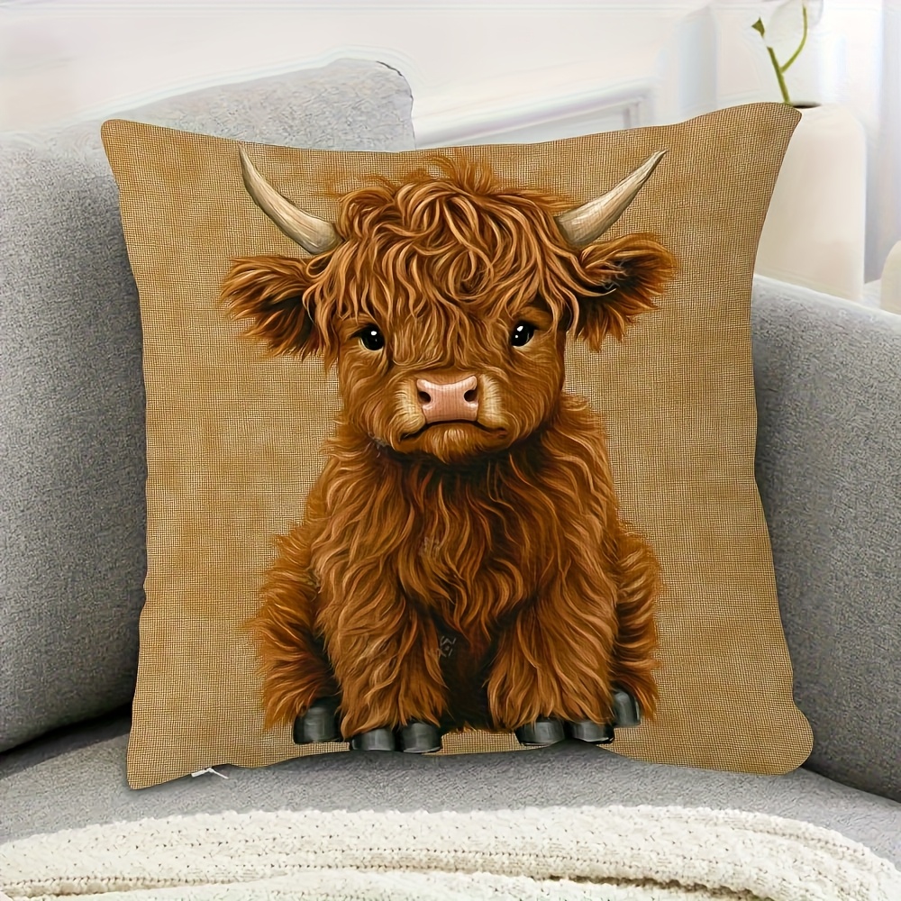TEMU 1pc Stylish Highland Cow Plush Pillow Cover With Zipper Closure, Single-sided Print, 18x18 Inches, Short Plush Cushion Cover, Machine Washable,