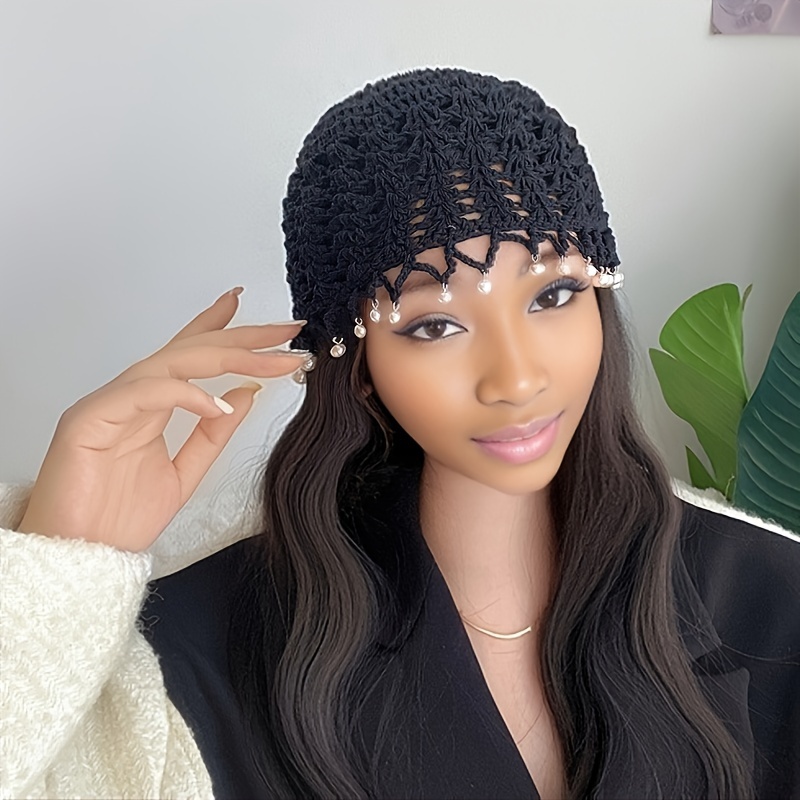 elegant beaded tassel cap] elegant crochet hollow beaded