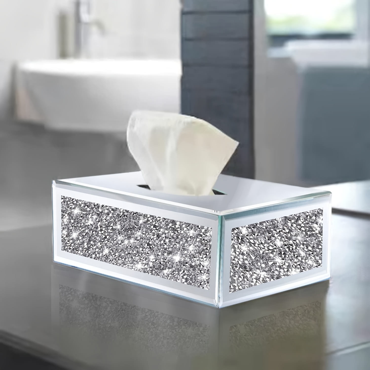 

1pc, European-style Restaurant Home Living Room Bedroom Toilet White Glass Tissue Box Dustproof Mirrored Napkin Box White