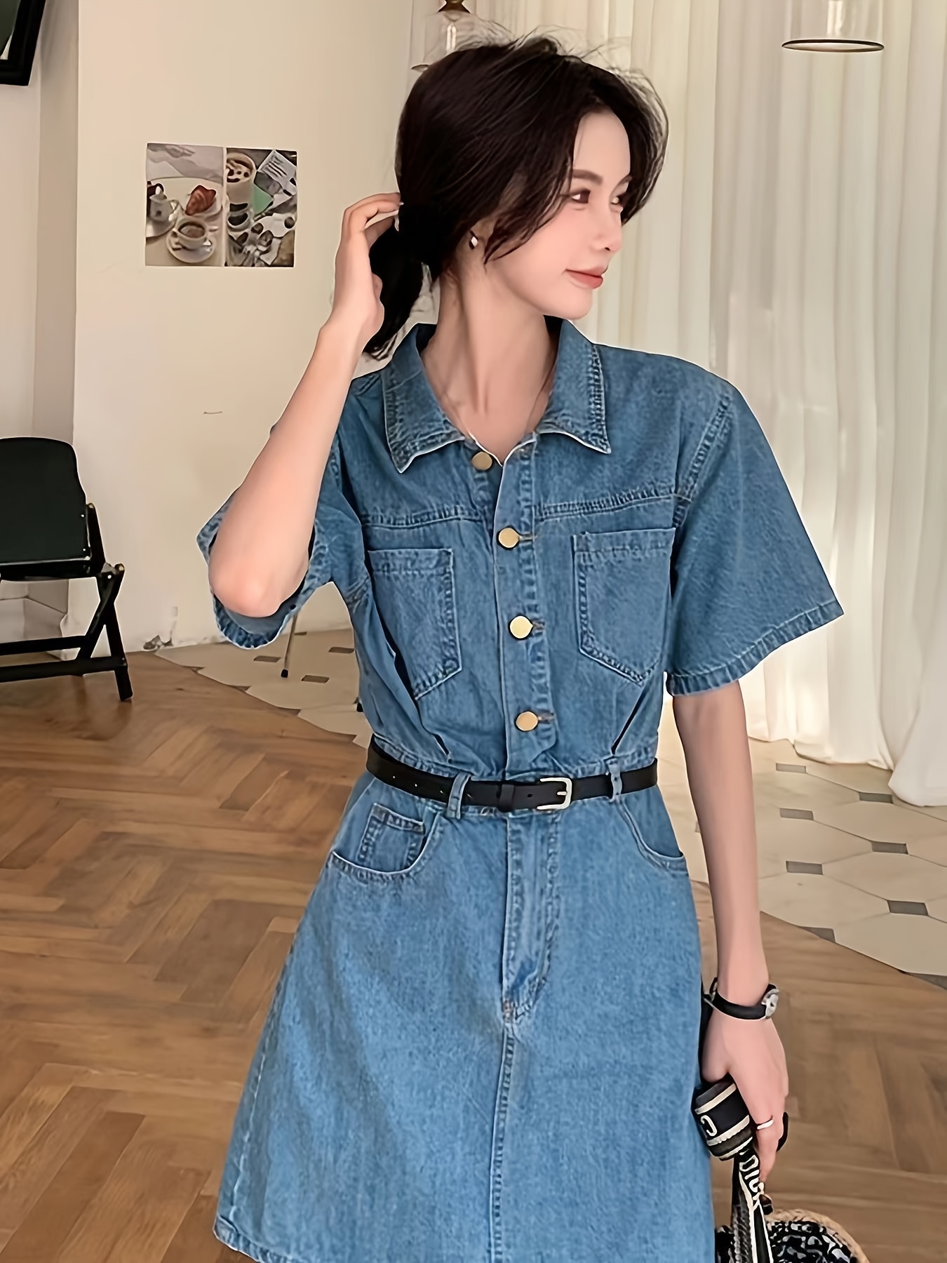 Women's Vintage Non-Stretch Jeans Dress *-Length collar A-Line skirt,  Belted Waist Casual to Formal Outfit for Everyday Machine Washable