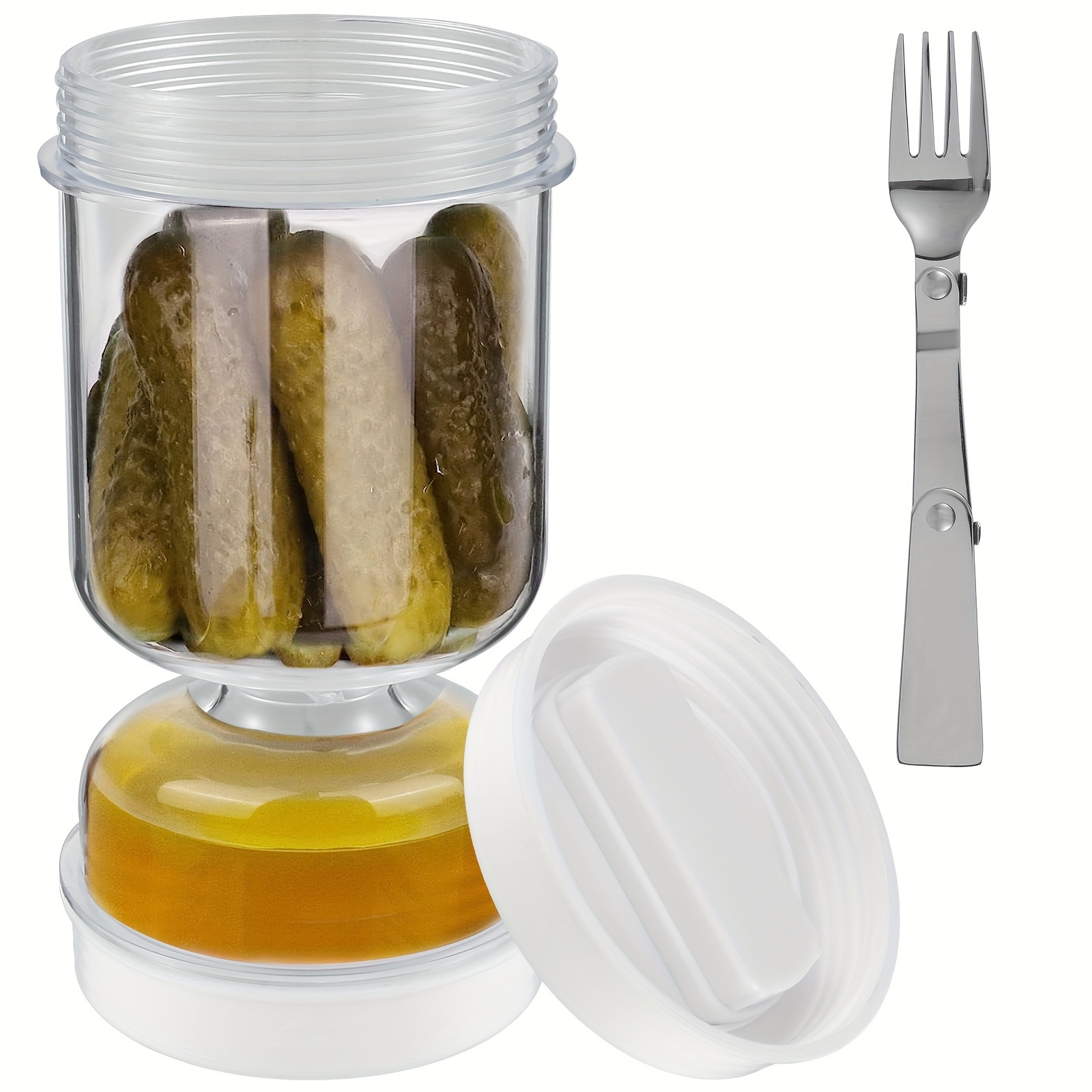 

multi-purpose" Versatile Acrylic Pickle Jar With Fork - Reusable, Round Kitchen Container For Pickles & Olives, Flip-top Lid, Hand Wash Only